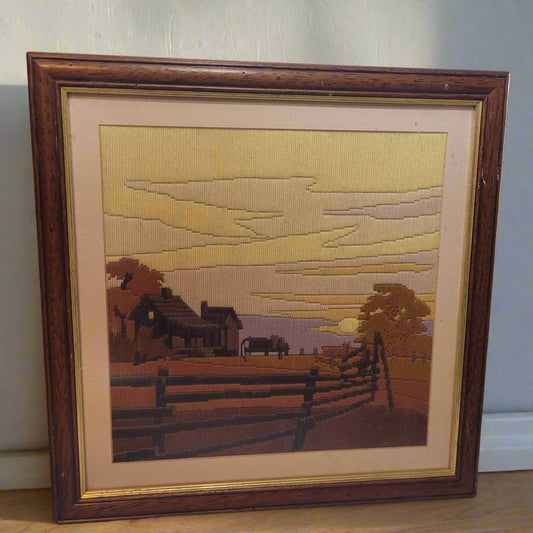 Framed needle point tapestry american wild west farmstead hand made