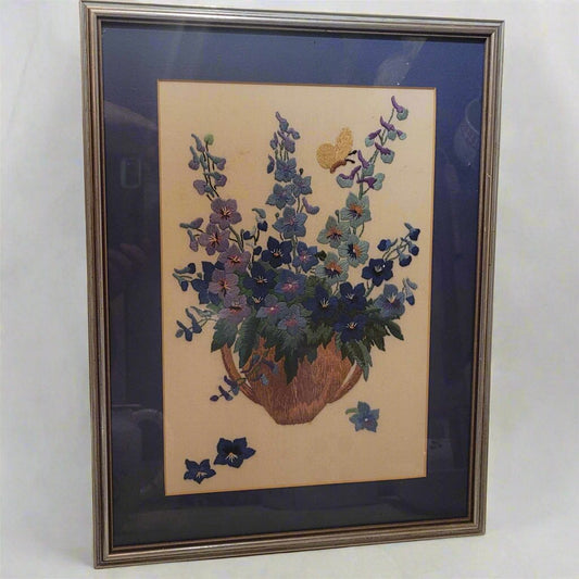 Framed needlepoint tapestry blue wildflowers in vase vintage cottage core decor