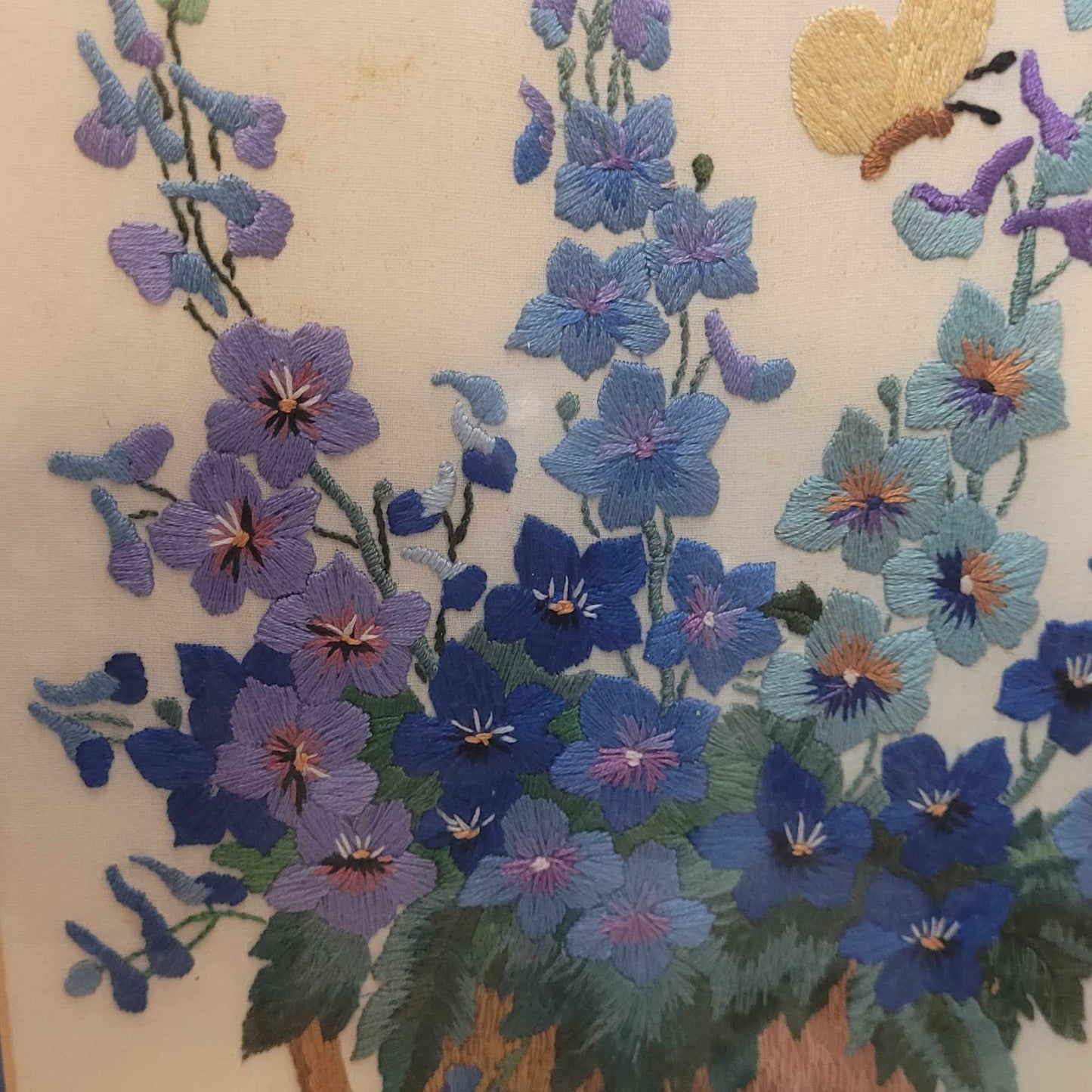 Framed needlepoint tapestry blue wildflowers in vase vintage cottage core decor