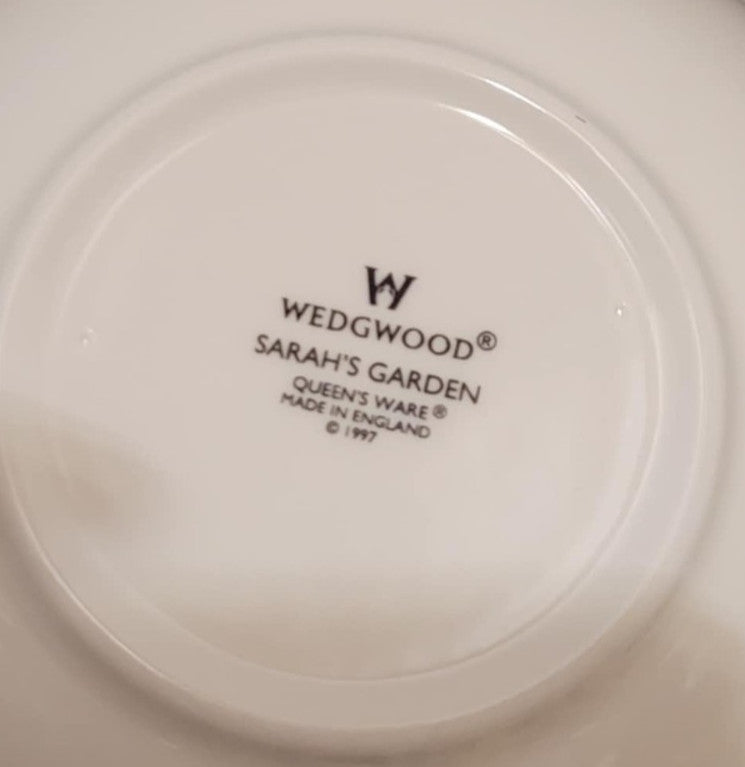 Wedgwood Sarah's Garden 6 3/4" Cream Soup / Cereal Bowl base showing manufacturer's logo and details.