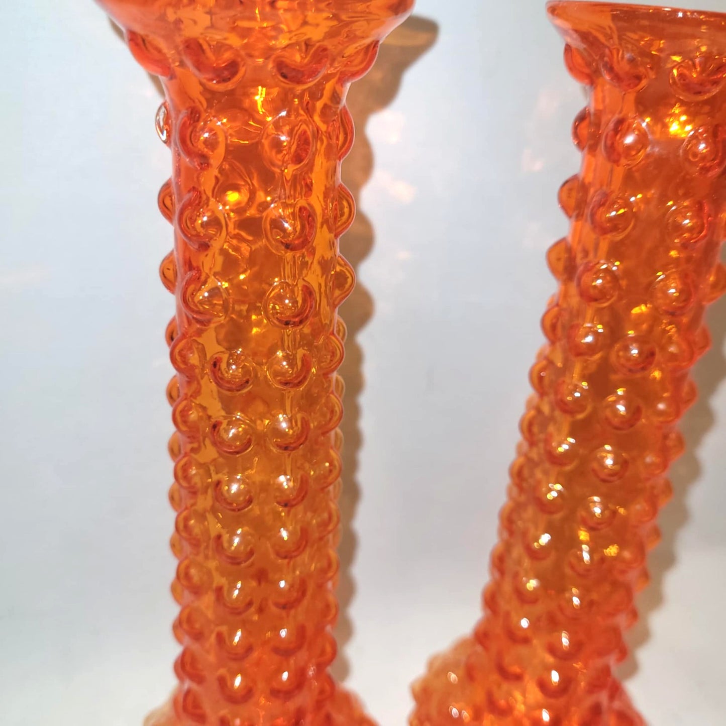 pair of Vintage Japanese Tajima Textured Hobnail art Glass Vases Tangerine