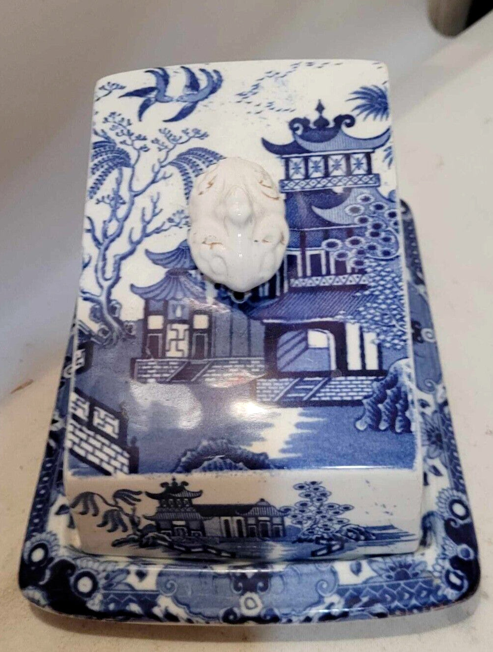 Burleigh ware blue Willow Butter Dish cheese keep blue & white pottery England