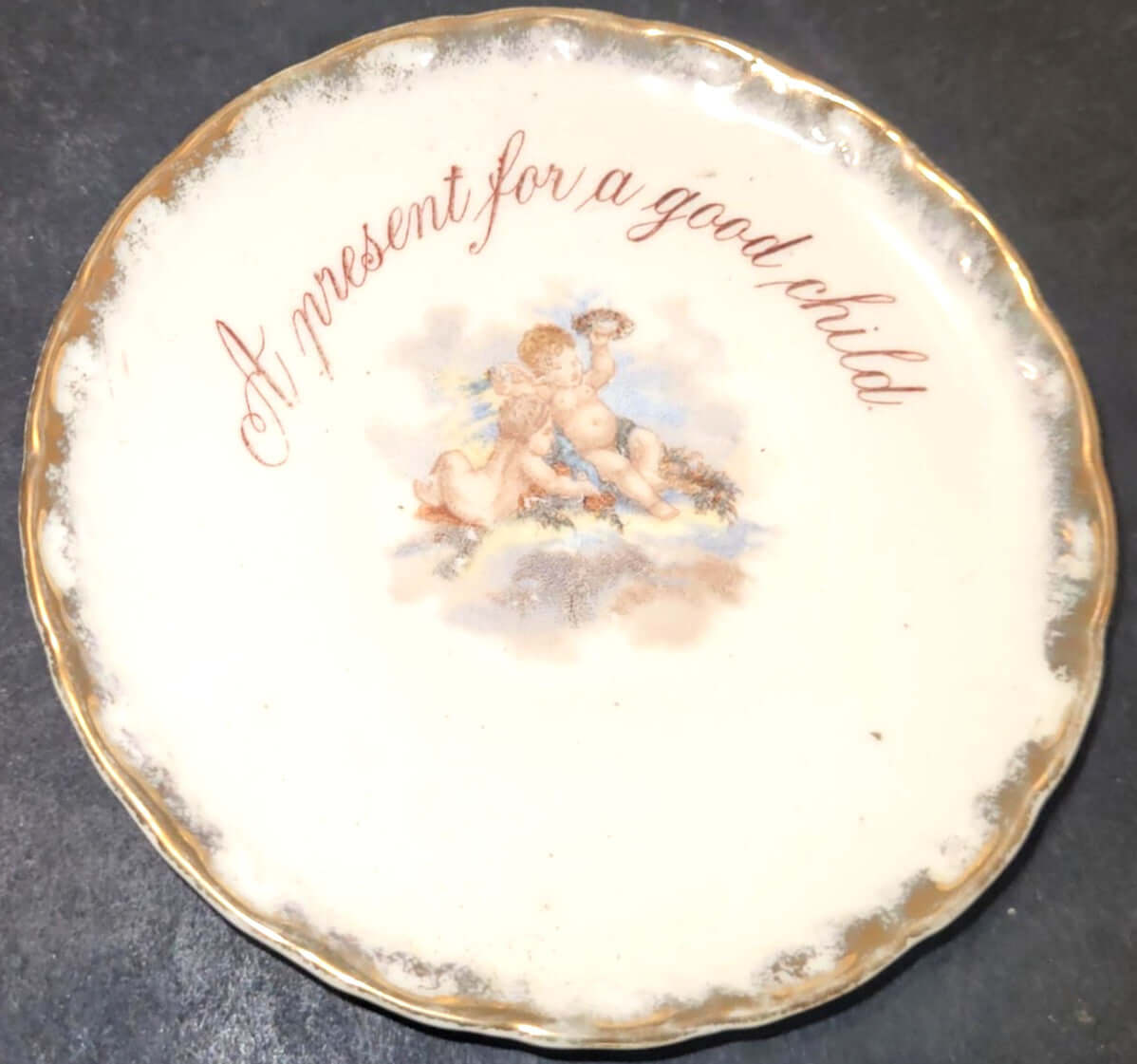 antique german Porcelain small Cup & Saucer - A Present For A Good Child