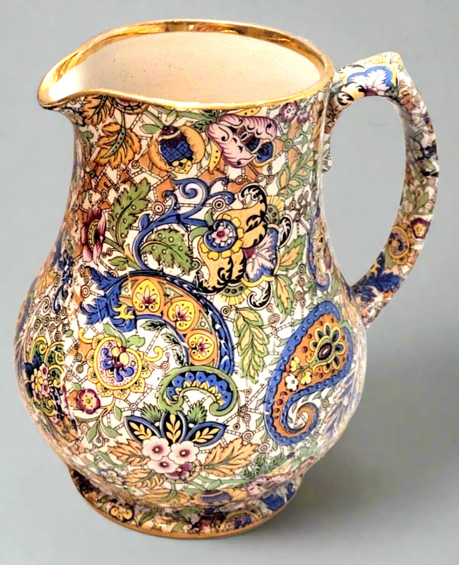 pretty mid century Paisley print Jug 1.25 pint made in England gold rim fenton?