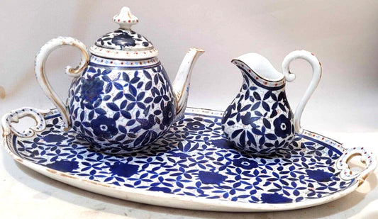 Vintage Russian Hand Painted Porcelain Blue White Teapot creamer serving tray