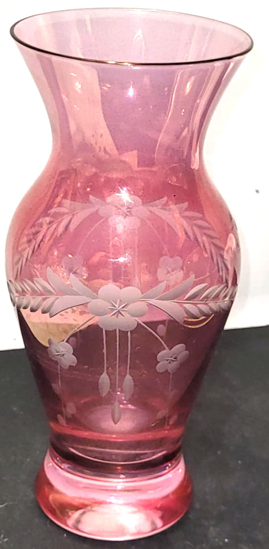 Pink Vase Hand Blown Etched Cranberry Glass Rose Coloured Glass Vase 1960s