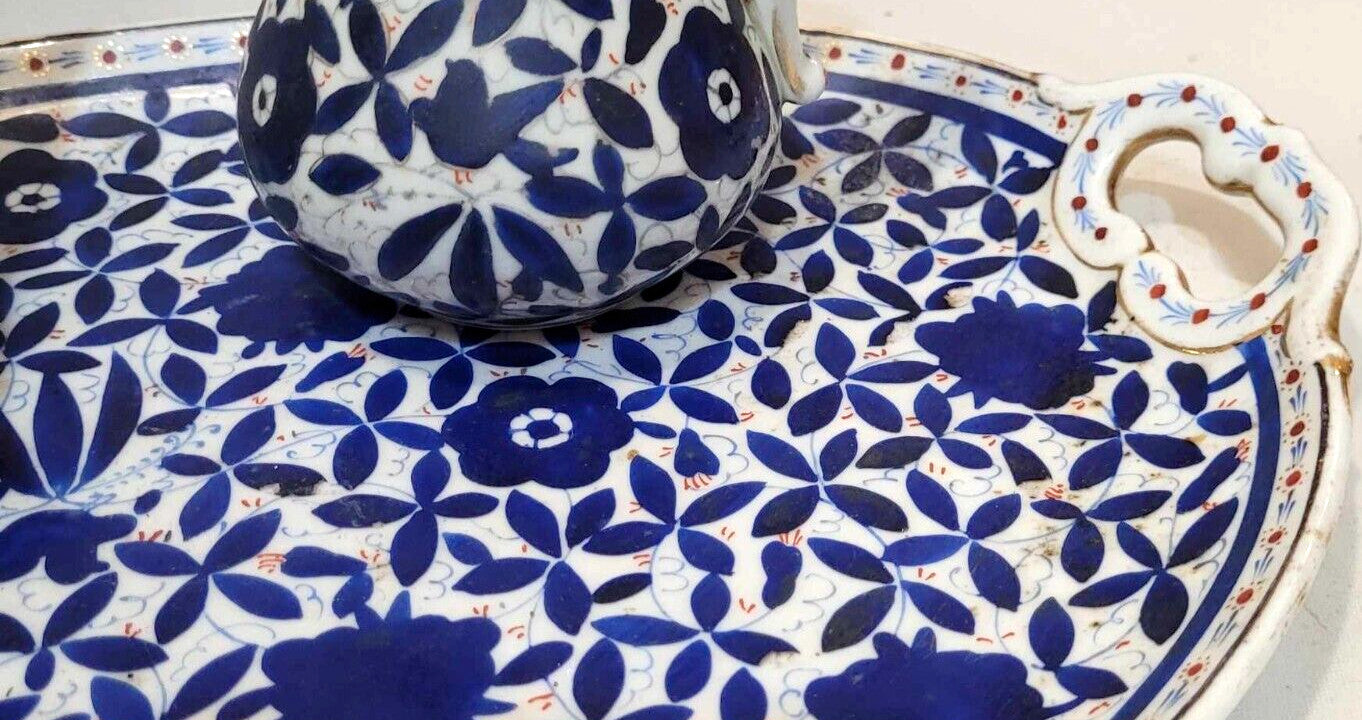 Vintage Russian Hand Painted Porcelain Blue White Teapot creamer serving tray