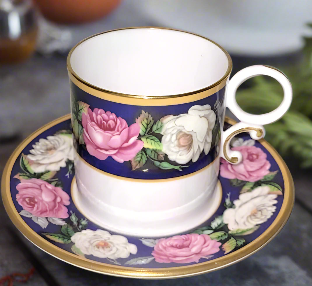 Royal Worcester Chamberlain Roses Blue Coffee Cup and Saucer demi tasse