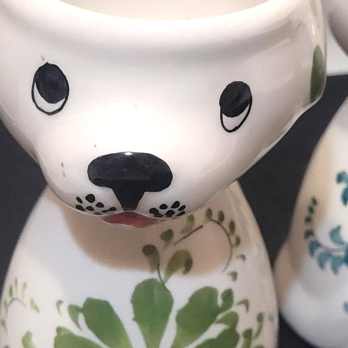 2x Vintage Portugese Hand Painted Secla dog Egg Cups Posy Vase Kitsch Floral