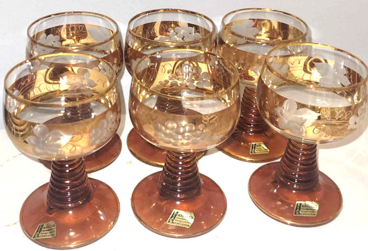 Vintage German Roemer Amber Beehive Stem gold Trim Glasses x6