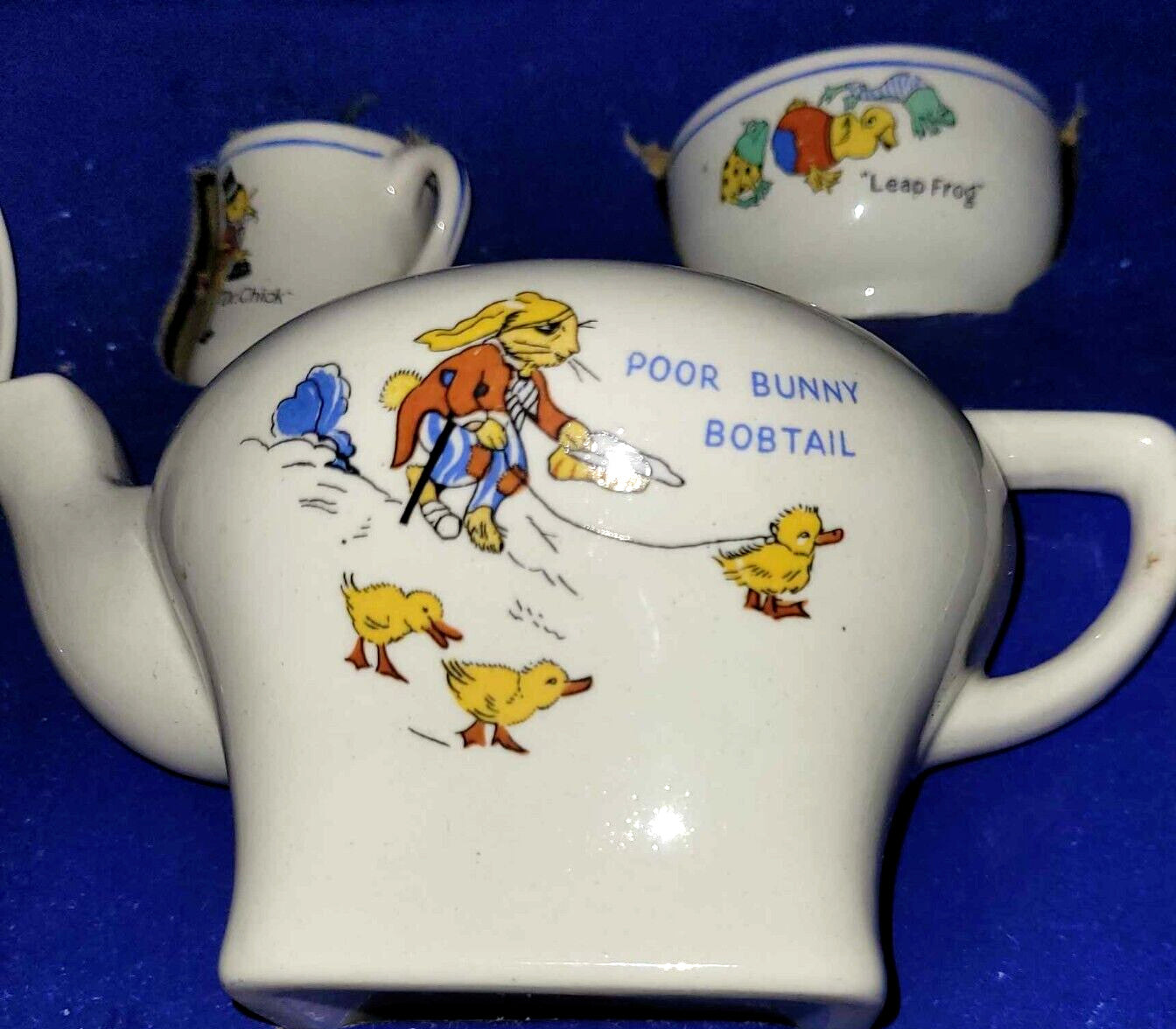 boxed Child’s Antique Teaset Corona Bunny Bobtail Joey The Clown Ceramic UK 1950