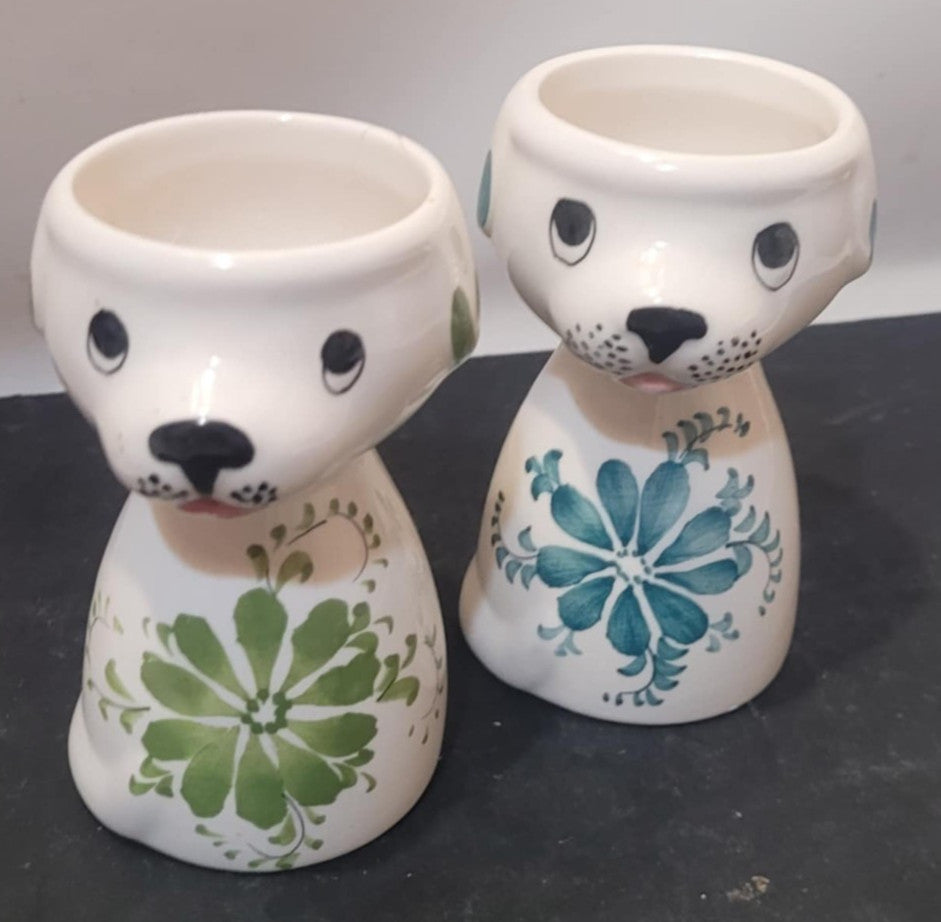 2x Vintage Portugese Hand Painted Secla dog Egg Cups Posy Vase Kitsch Floral