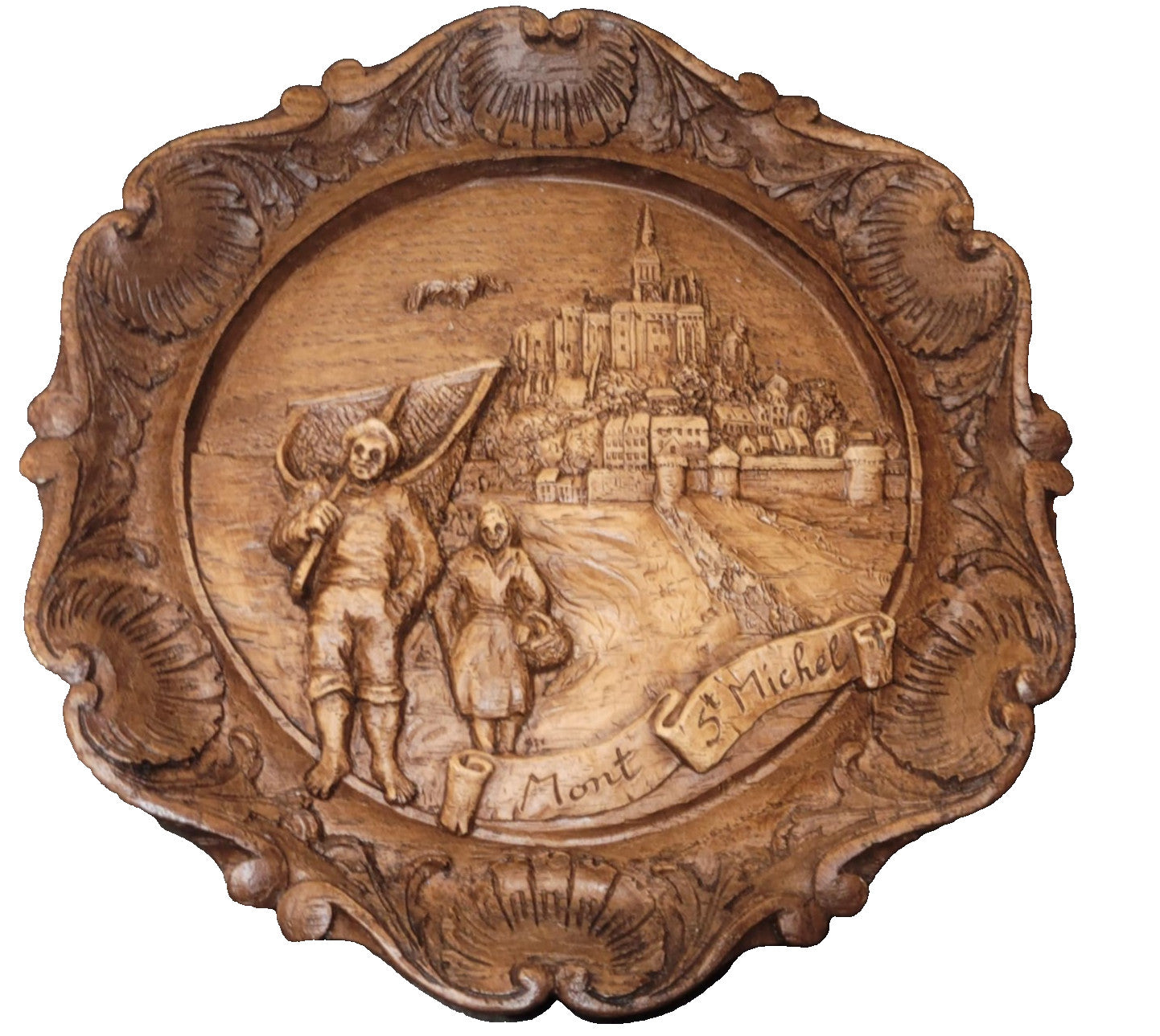 Vintage 6" GERMAN 3D WALL PLATE Carved Faux Wood Resin mont st Michel