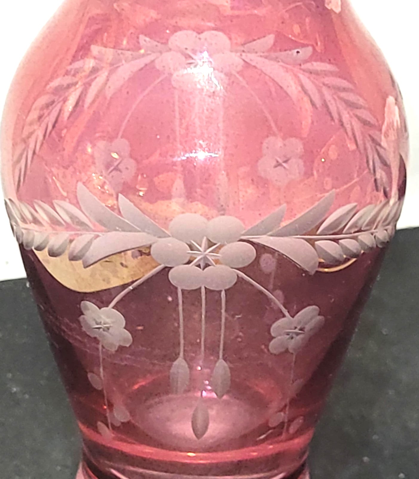 Pink Vase Hand Blown Etched Cranberry Glass Rose Coloured Glass Vase 1960s