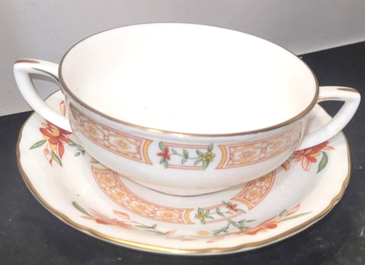 Royal Worcester Chamberlain twin handled soup Bowl & saucer coup floral