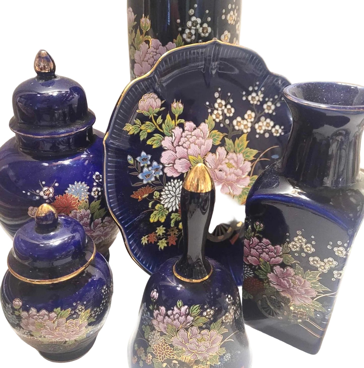 Japanese Kutani Decorative Cobalt Blue, Gold flower wagon vase jars, bell plate