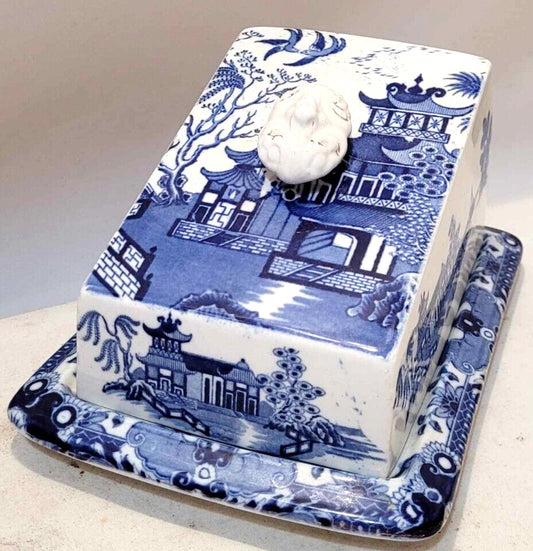 Burleigh ware blue Willow Butter Dish cheese keep blue & white pottery England