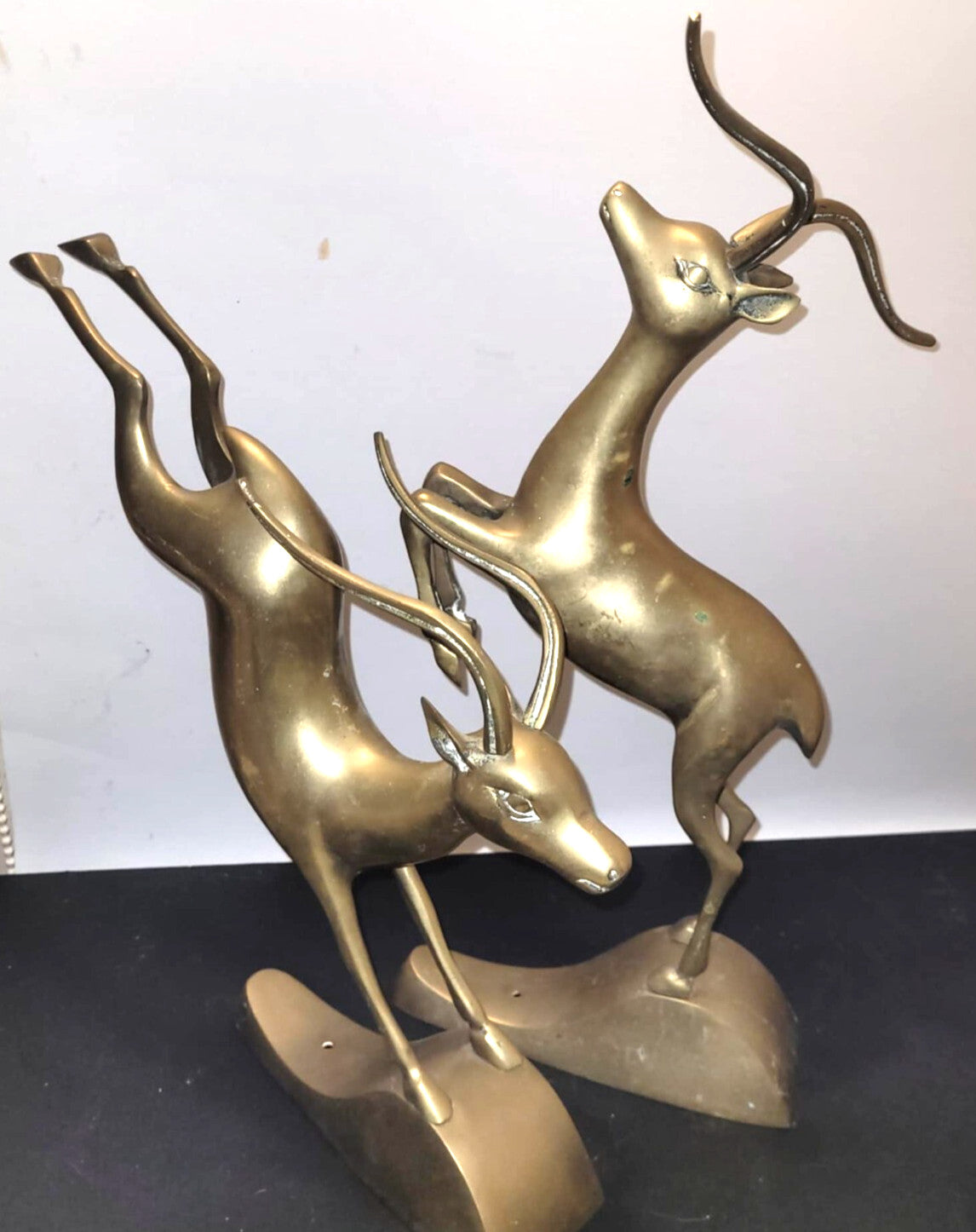 12" Large Brass Leaping Gazelles, Antelope Deer Prancing bookends ornament