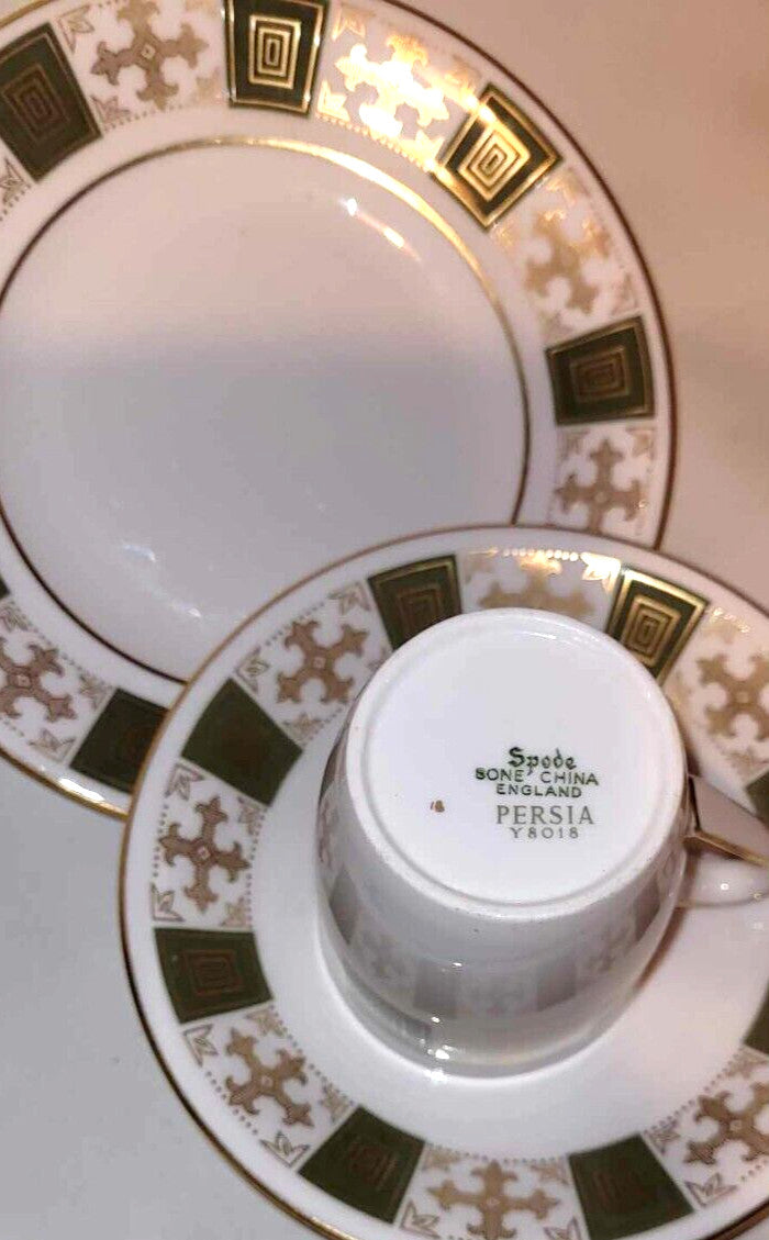 vintage Spode Persia China green gold coffee Cup Saucer Sideplate trio demi tass