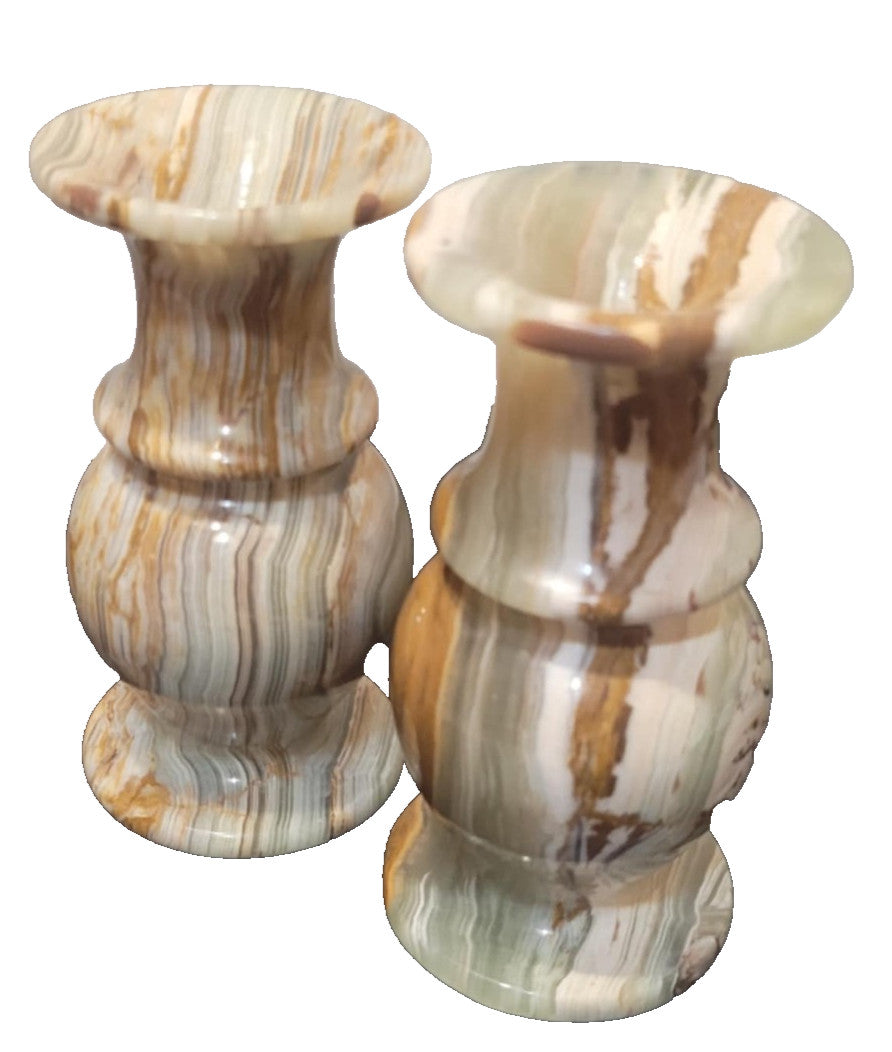 2x Marble Onyx bud Vases taper candle holders Stone carved 4" retro