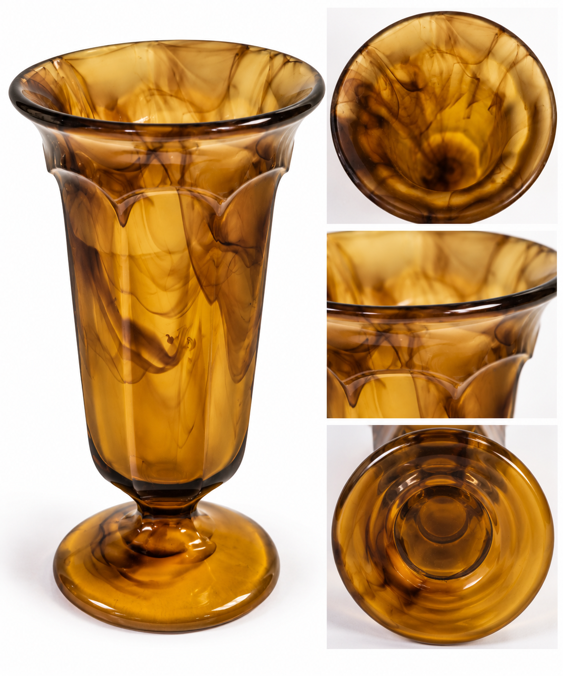 Vintage Davidson Style Amber Brown Marbled Art Glass Pedestal Vase 5.75"