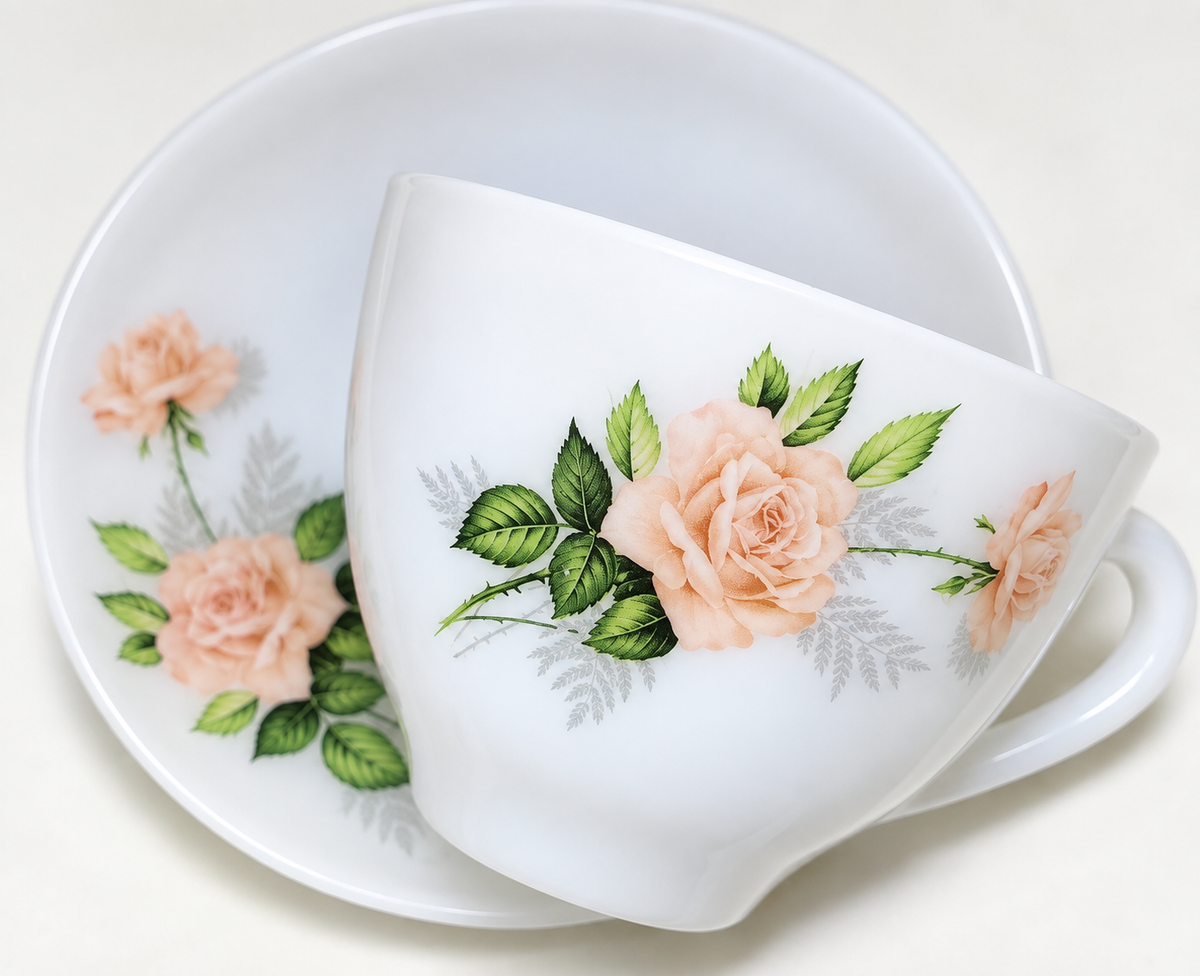 Vintage Arcopal France Pink Rose Glass Tea Set – 5 Cups & Saucers