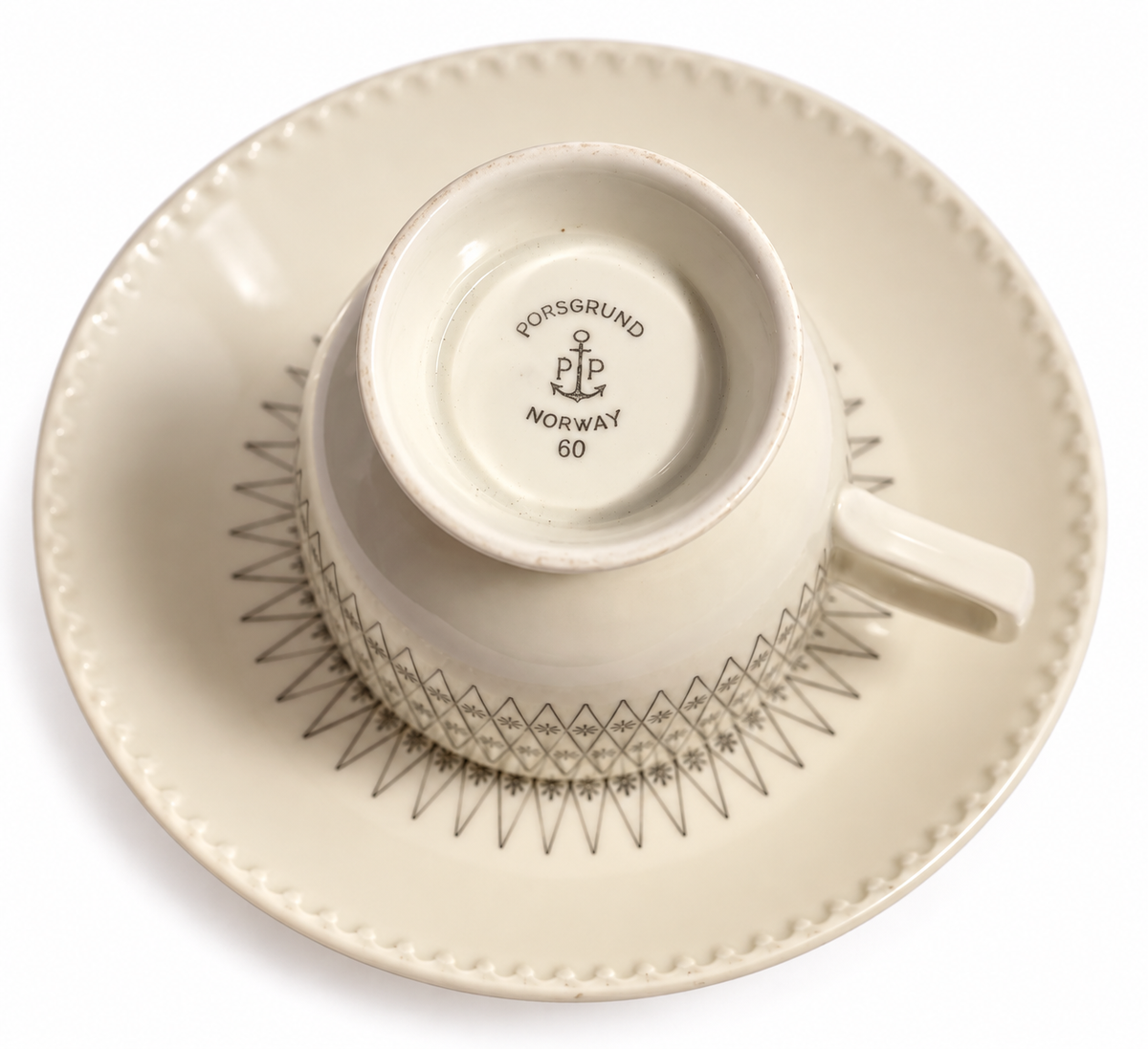 Porsgrund Norway 60 Vintage Grey Geometric Footed Cup & Saucer