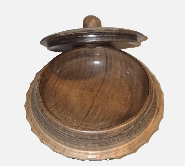 Vintage Folk Art Chip-Carved Wooden Lidded Bowl / Trinket Box – 7"