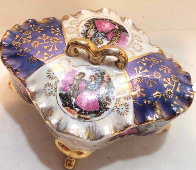 .Vintage Cobalt Blue & Gilt Porcelain Footed Trinket Box – Courting Couple