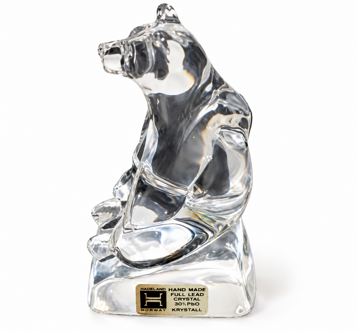Hadeland Norway hand made full lead crystal sitting bear figurine with original base label