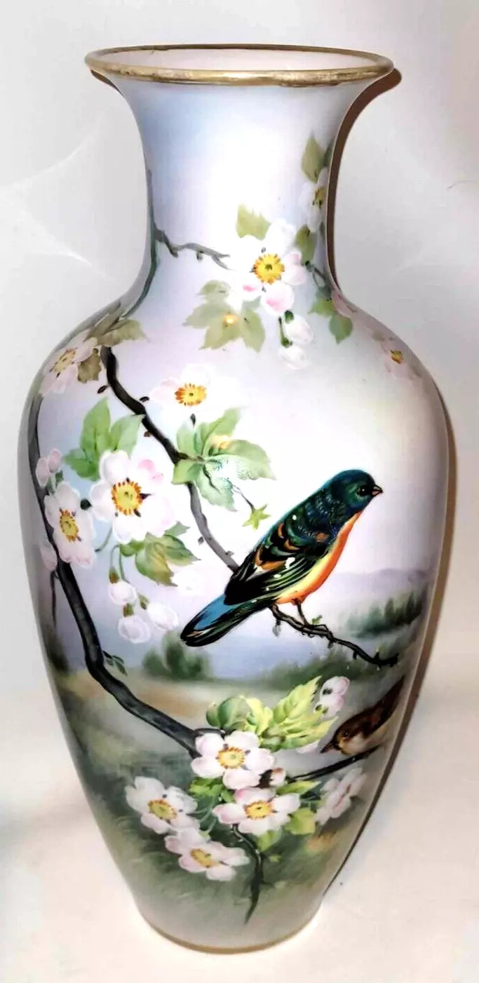 1920's Japanese Hand painted Noritake Porcelain Vase 15" bird and blossom