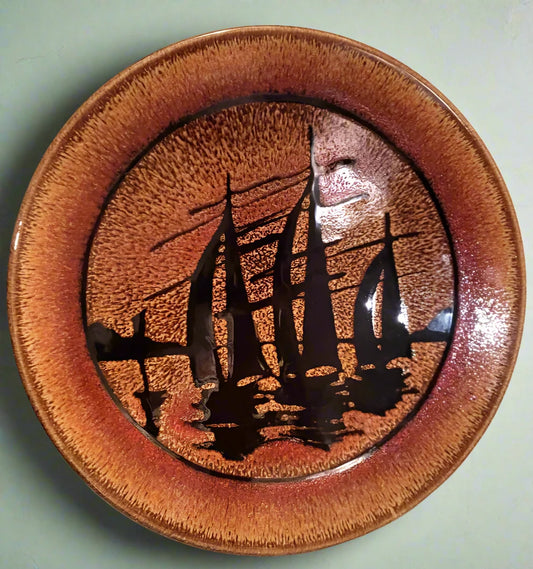 Poole Pottery shallow bowl plate Aegean sailing ships 10" Davis artist