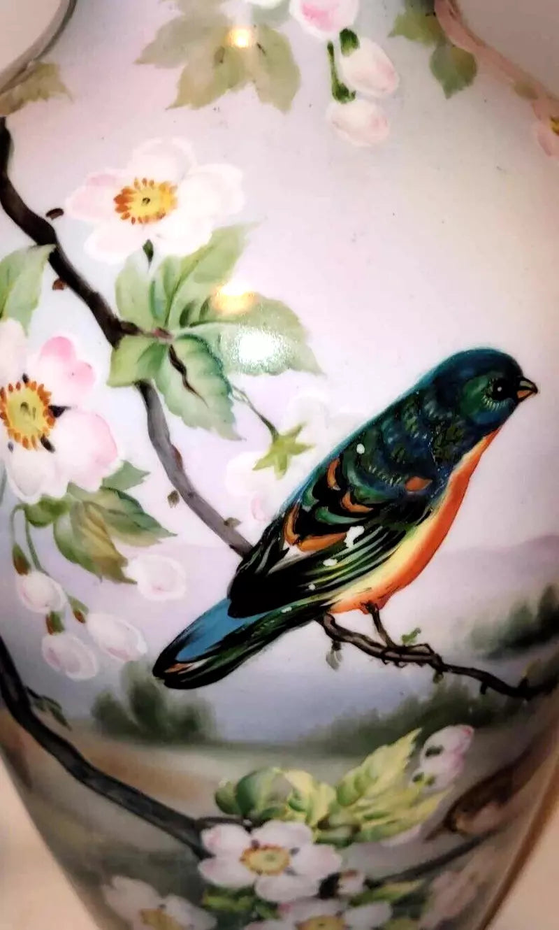 1920's Japanese Hand painted Noritake Porcelain Vase 15" bird and blossom
