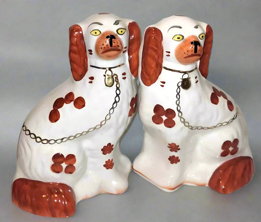 Pair Of Arthur Wood Staffordshire Wally Mantle Dogs tan White Gold spaniel 8"