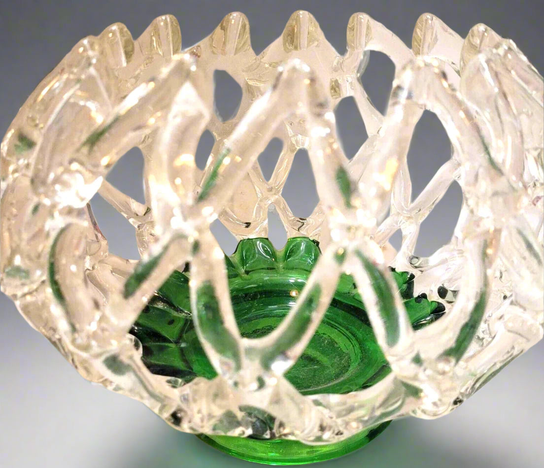 open lattice Art Glass Fruit Bowl Green base centre piece polished pontil