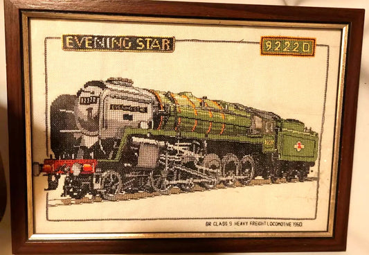 Vintage Framed Picture Needlepoint Tapestry evening star locomotive 92220 train