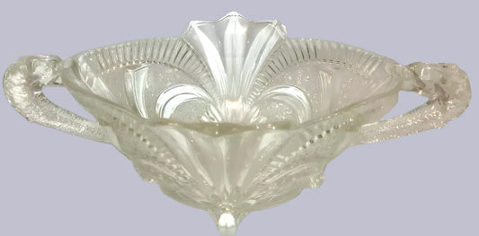 Large 1930's Fruit Bowl Centre Piece Clear Pressed Glass fish Serpent Handles Germany