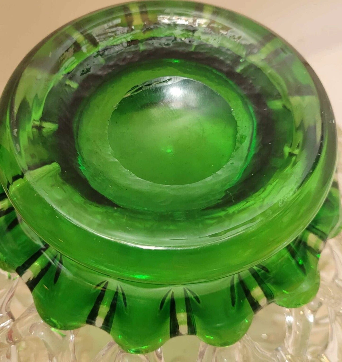open lattice Art Glass Fruit Bowl Green base centre piece polished pontil