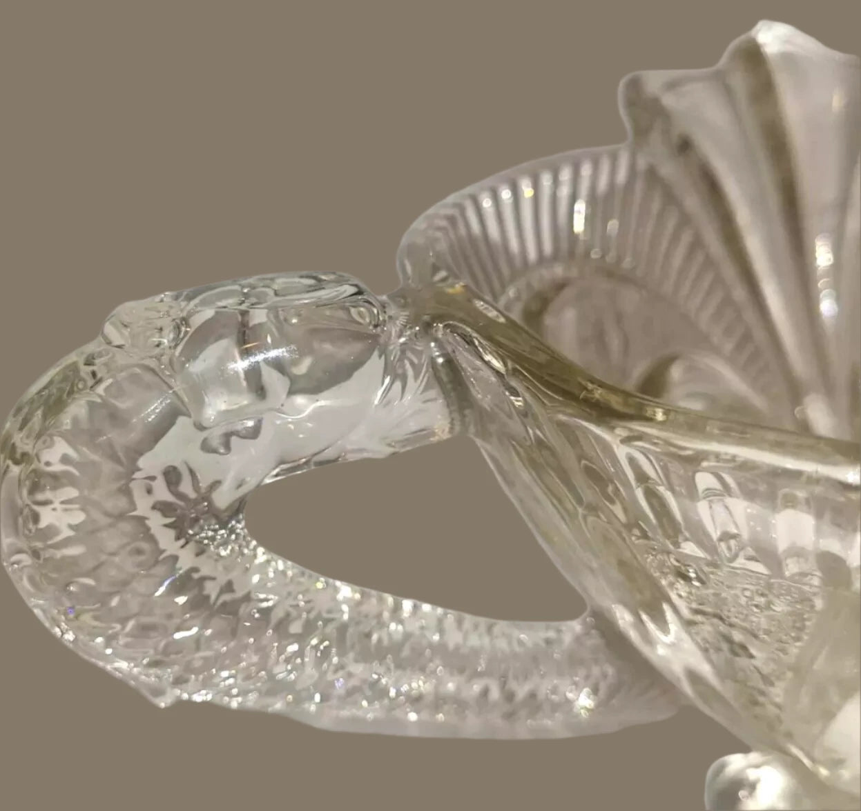 Large 1930's Fruit Bowl Centre Piece Clear Pressed Glass fish Serpent Handles Germany