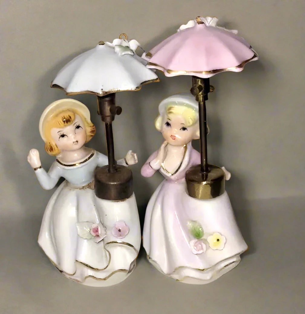 2 Vintage 1950s Porcelain Girl With Parasol Perfume Atomiser Figurines kitsch