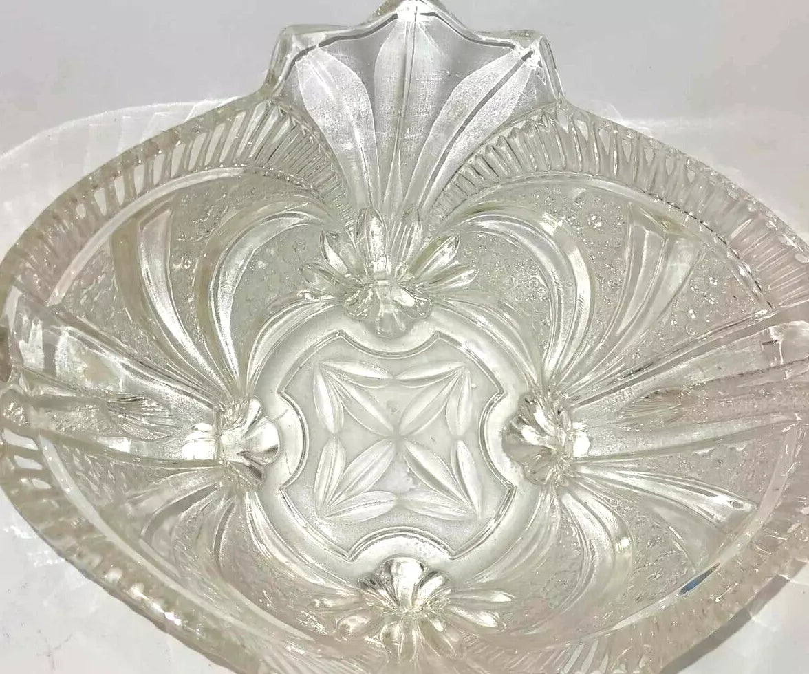 Large 1930's Fruit Bowl Centre Piece Clear Pressed Glass fish Serpent Handles Germany