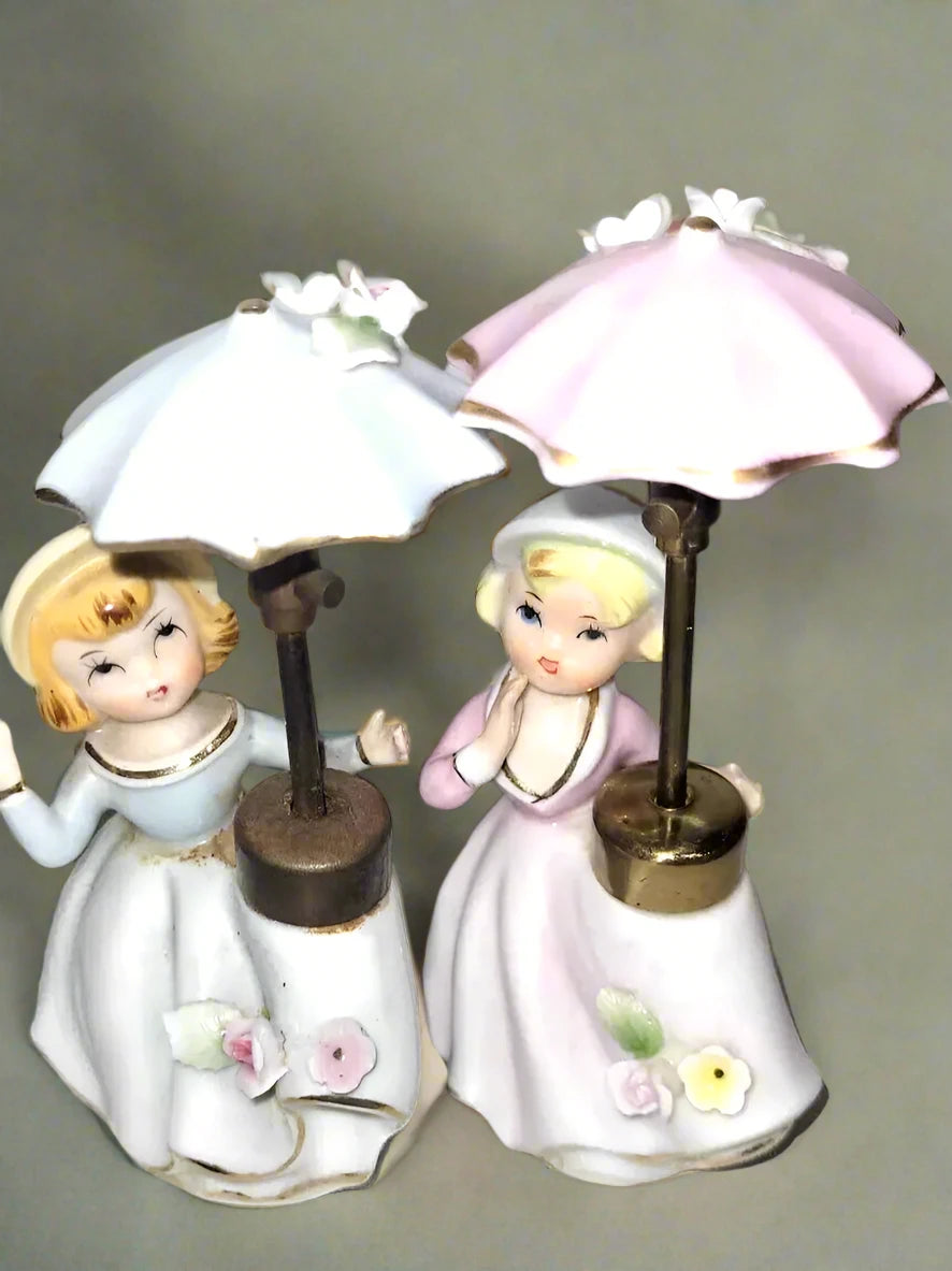 2 Vintage 1950s Porcelain Girl With Parasol Perfume Atomiser Figurines kitsch