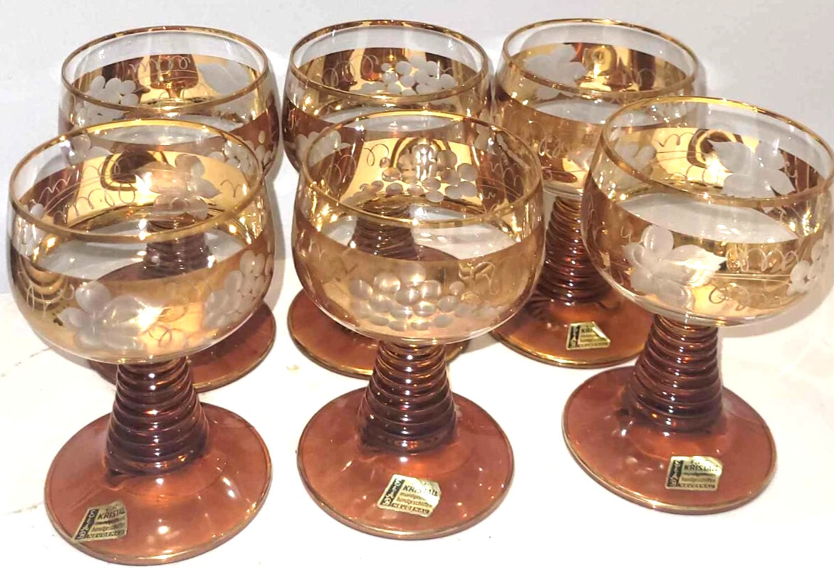 German Roemer Amber Beehive Stem gold Trim Glasses x6