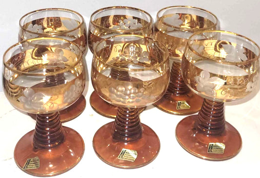 German Roemer Amber Beehive Stem gold Trim Glasses x6