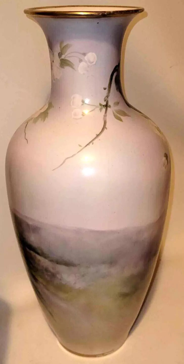 1920's Japanese Hand painted Noritake Porcelain Vase 15" bird and blossom