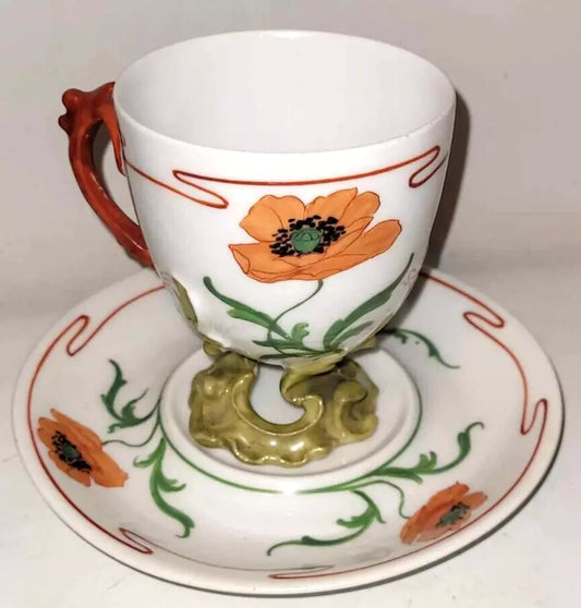 stunning art nouveau hand painted poppy Dresden Germany Cup And Saucer