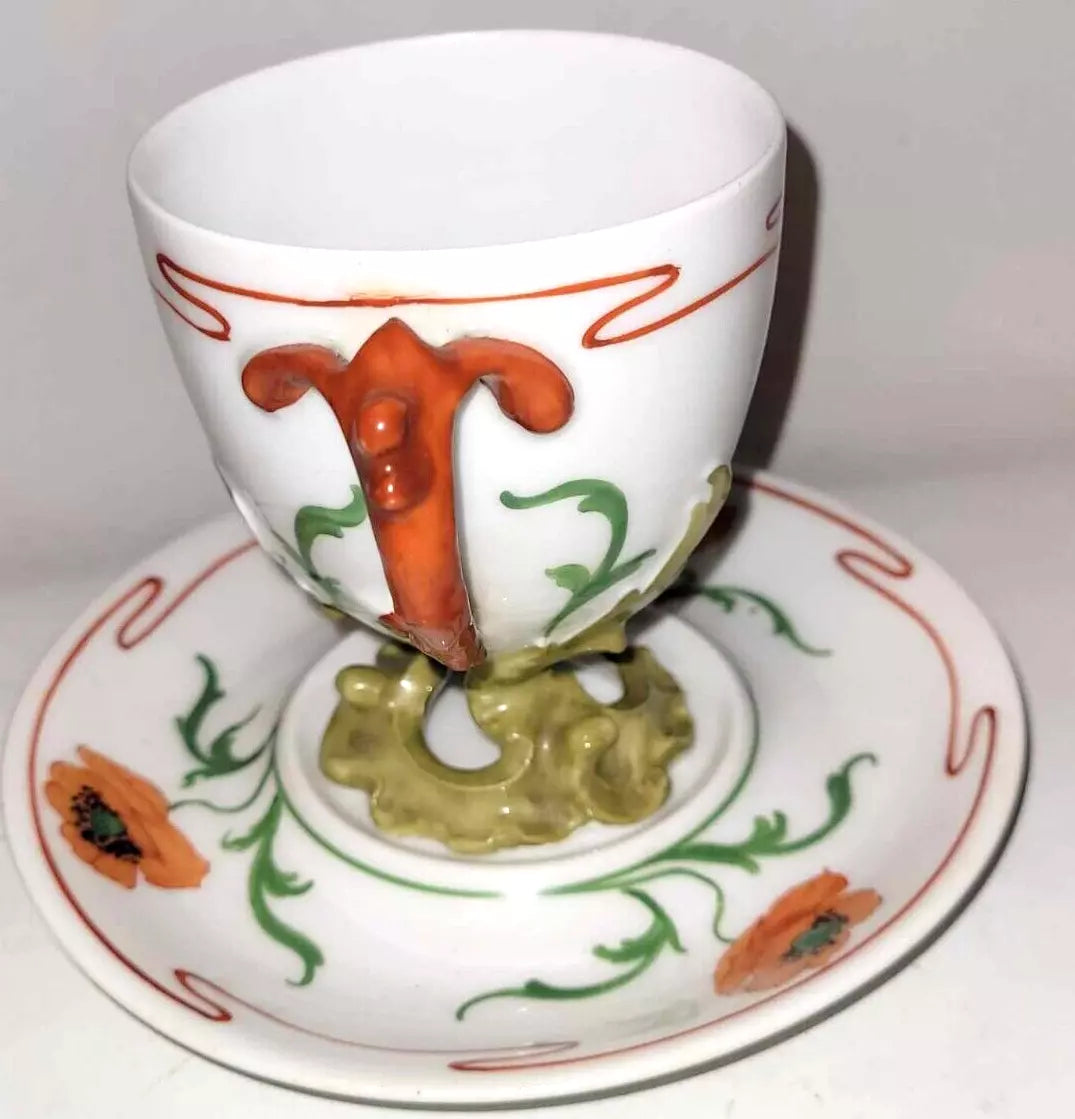 stunning art nouveau hand painted poppy Dresden Germany Cup And Saucer