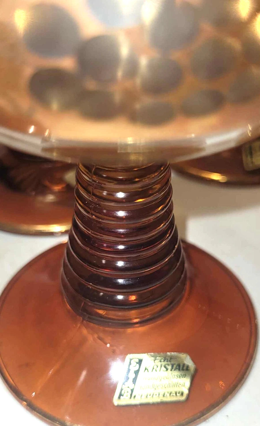 German Roemer Amber Beehive Stem gold Trim Glasses x6