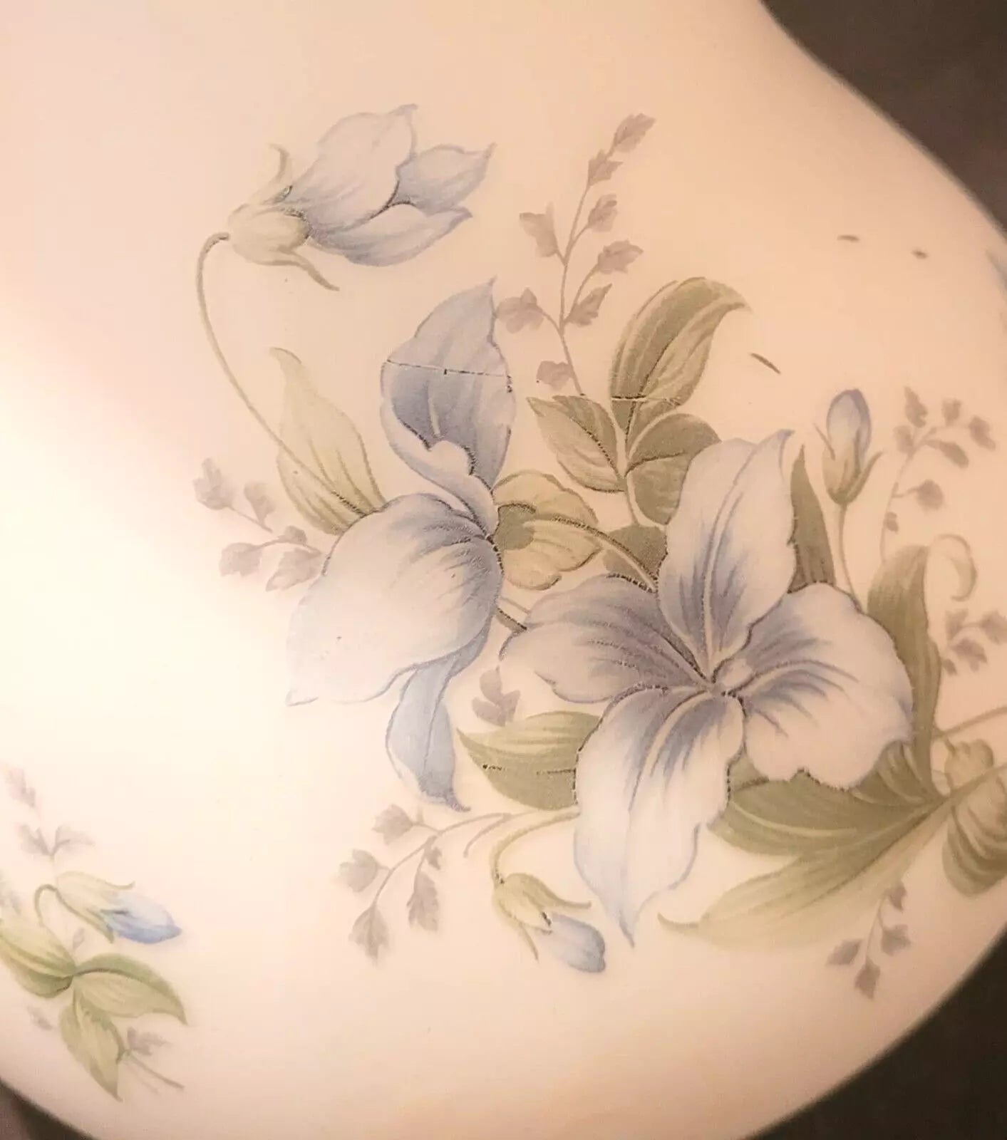 FROSTED MILK GLASS VASE HAND PAINTED BLUE FLOWERS 9"