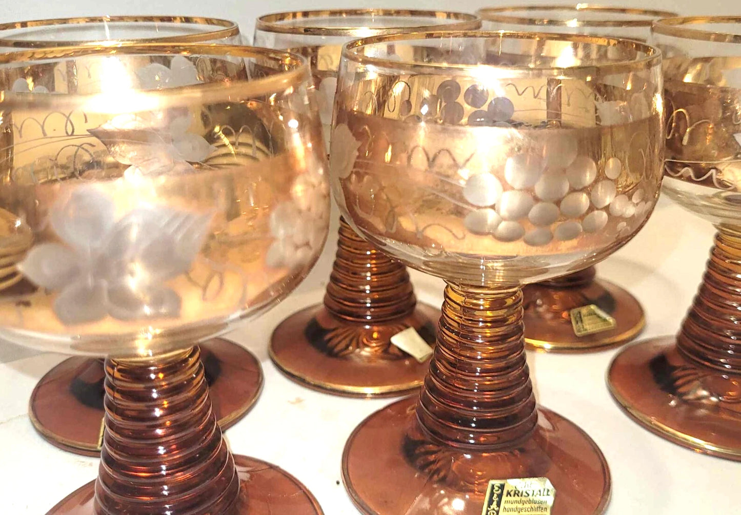 German Roemer Amber Beehive Stem gold Trim Glasses x6